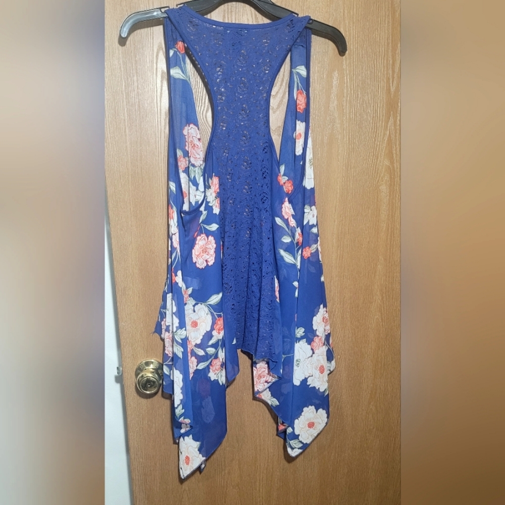 Torrid Blue Floral Lace  Racerback Open Front Chiffon Vest 1X/2X